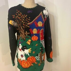 Vintage Halloween crew neck black pullover sweater Halloween scene small